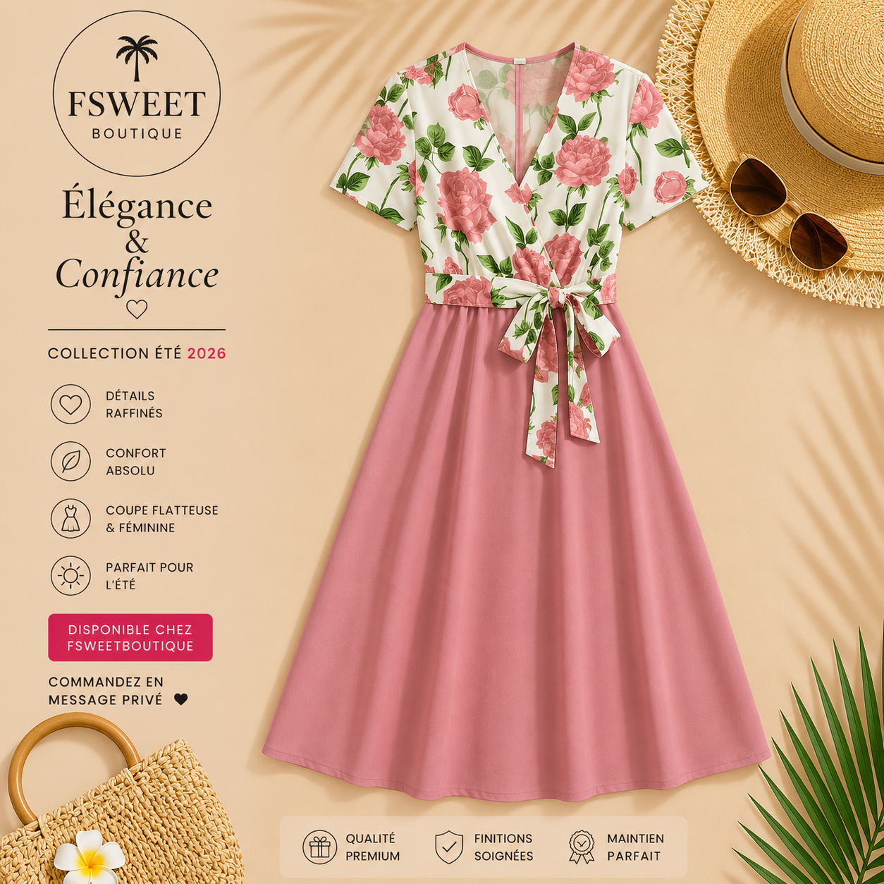 Robe Ligne A à Motif Roses et Taille Nouée pour Femme 🌸