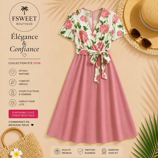 Robe Ligne A à Motif Roses et Taille Nouée pour Femme 🌸