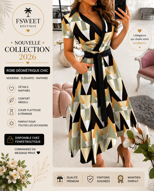 Robe Jersey Imprimée Coupe Trapèze et Taille Ceinturée