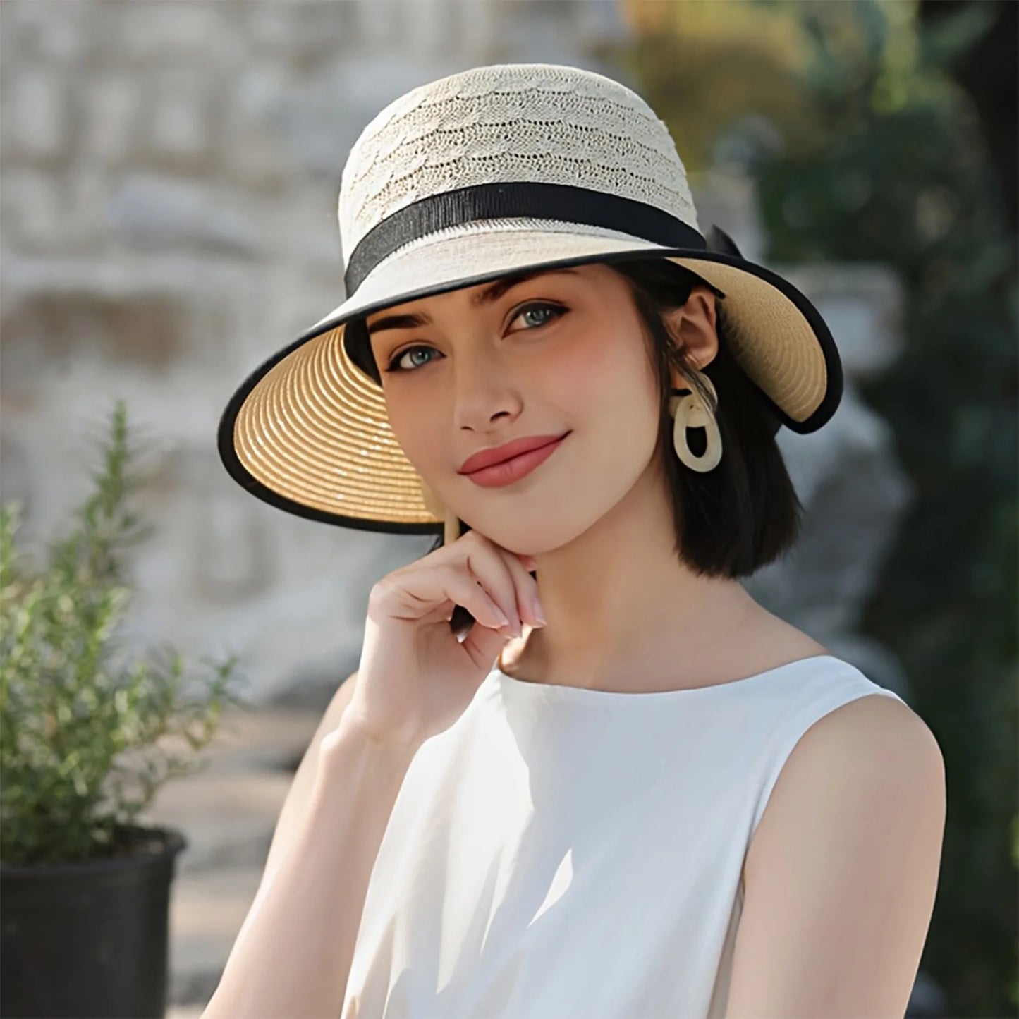 Chapeau de Soleil Pliable Style Français – Grand Bords & Nœud Élégant