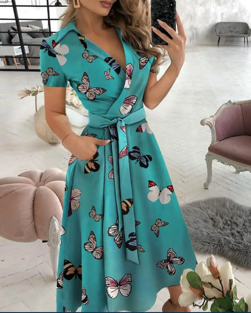Robe Jersey Imprimée Coupe Trapèze et Taille Ceinturée