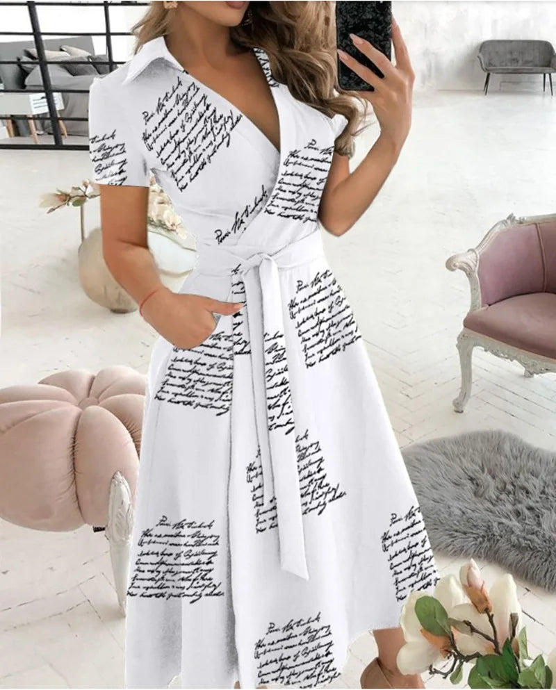 Robe Jersey Imprimée Coupe Trapèze et Taille Ceinturée