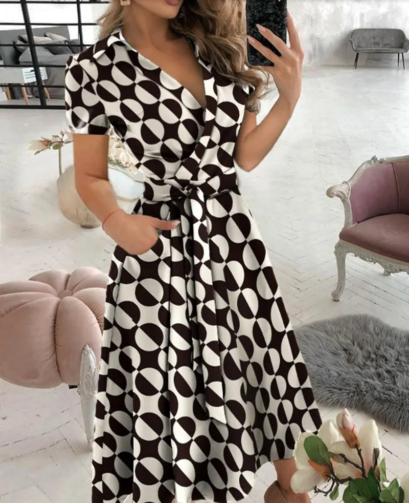 Robe Jersey Imprimée Coupe Trapèze et Taille Ceinturée