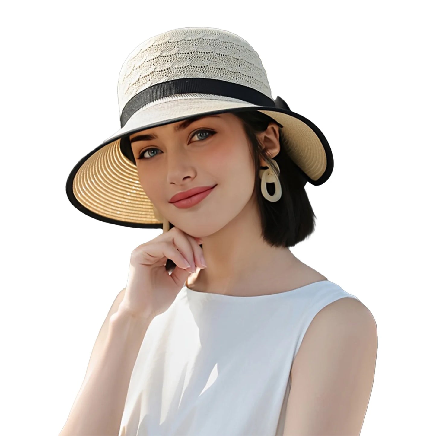 Chapeau de Soleil Pliable Style Français – Grand Bords & Nœud Élégant