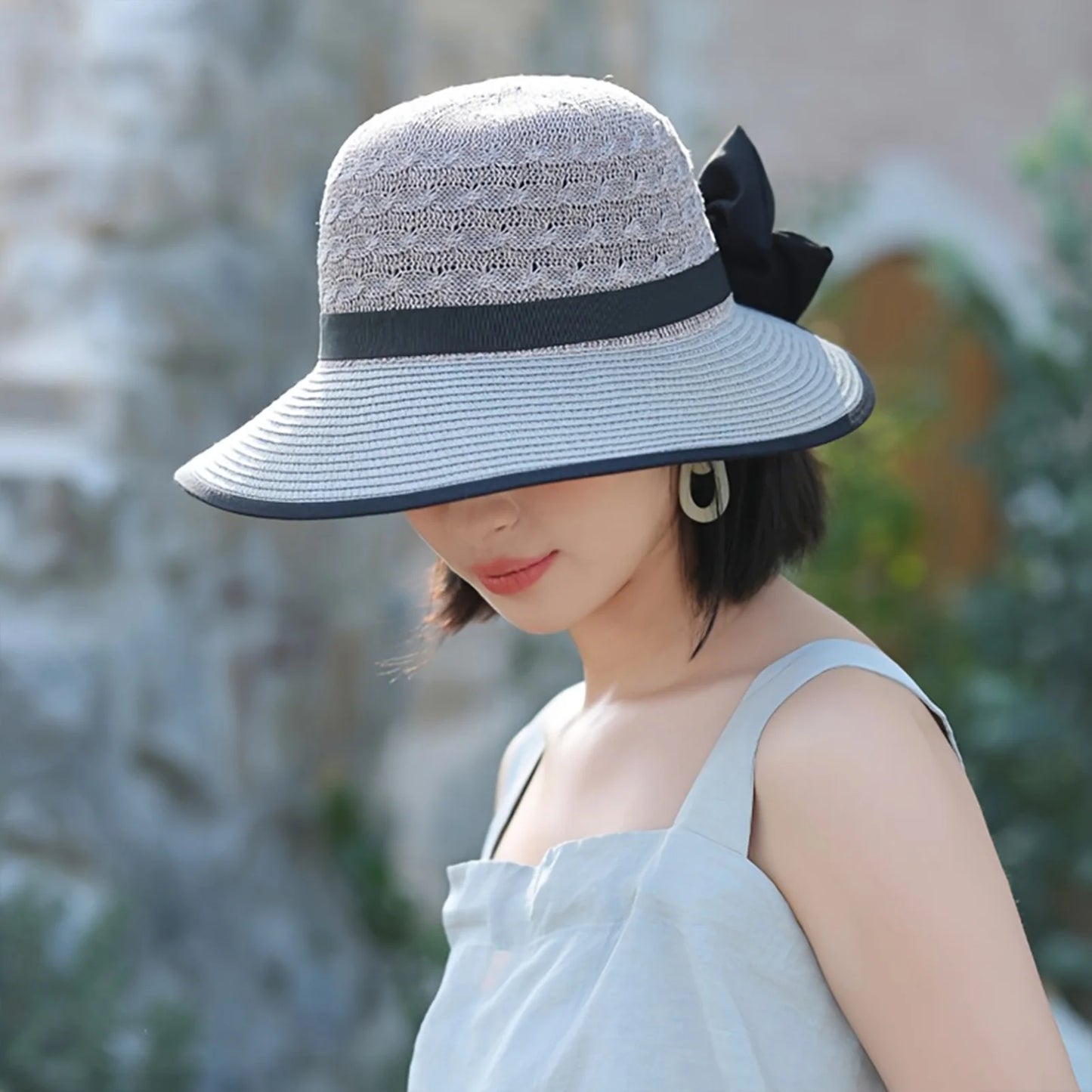 Chapeau de Soleil Pliable Style Français – Grand Bords & Nœud Élégant