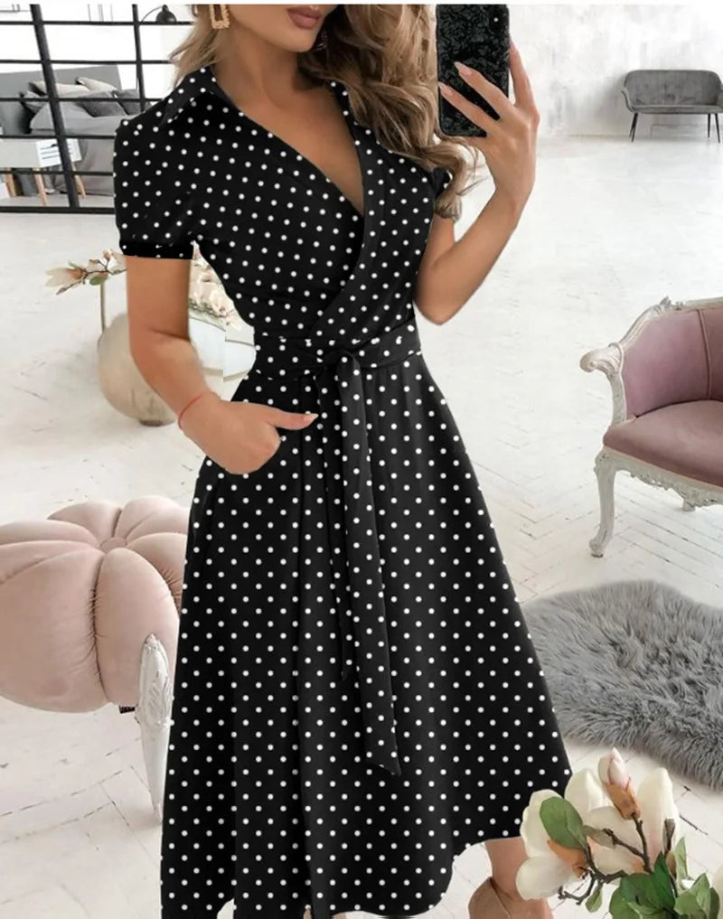 Robe Jersey Imprimée Coupe Trapèze et Taille Ceinturée