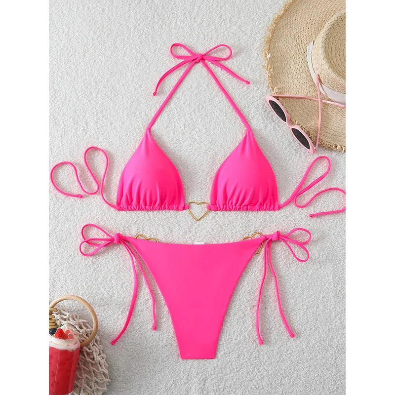 Ensemble Bikini Ficelle ("String") – Coupe Mini Triangle et Couleur Unie pour la Plage