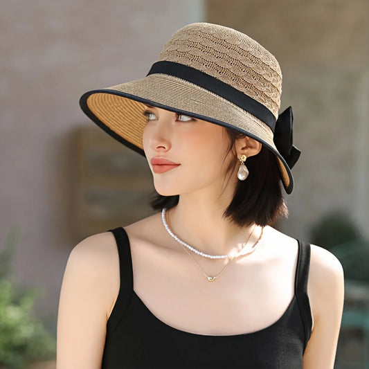 Chapeau de Soleil Pliable Style Français – Grand Bords & Nœud Élégant