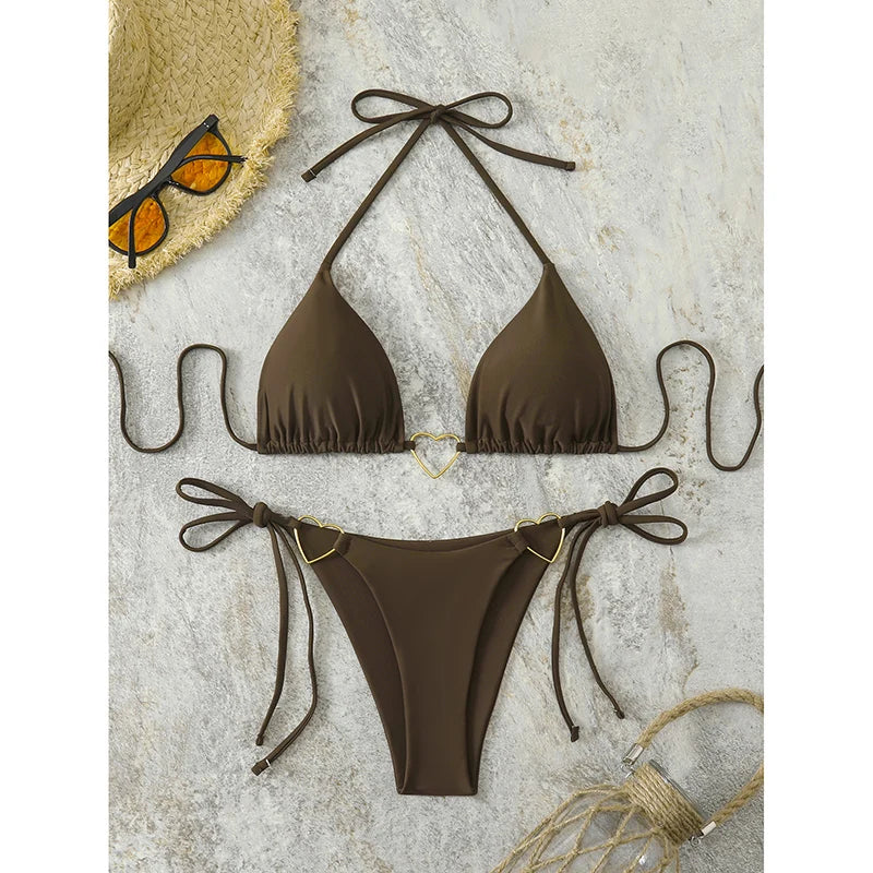Ensemble Bikini Ficelle ("String") – Coupe Mini Triangle et Couleur Unie pour la Plage