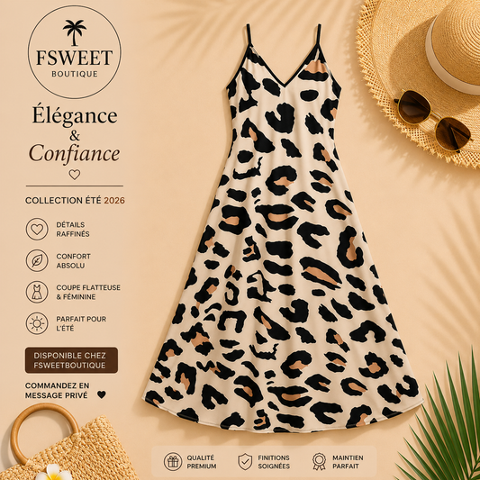 Le motif léopard, à la fois moderne et audacieux, qui transforme instantanément une tenue simple en un véritable look mode Le parfait sundress (robe d'été) léger, fluide et sans effort, qui ne colle pas à la peau.